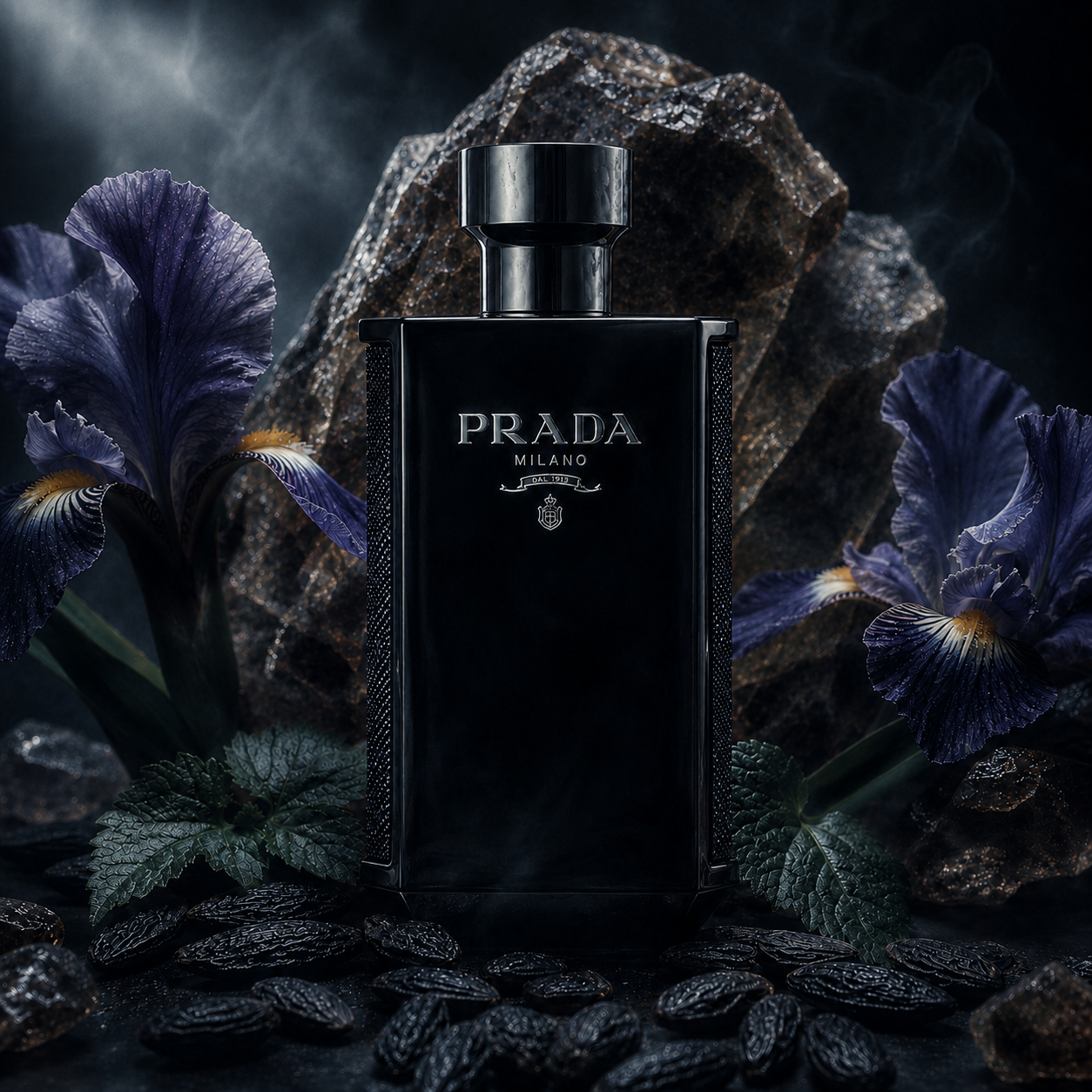 Universo olfativo de Prada L’Homme Intense con iris, ámbar, pachulí, cuero, tonka y sándalo.