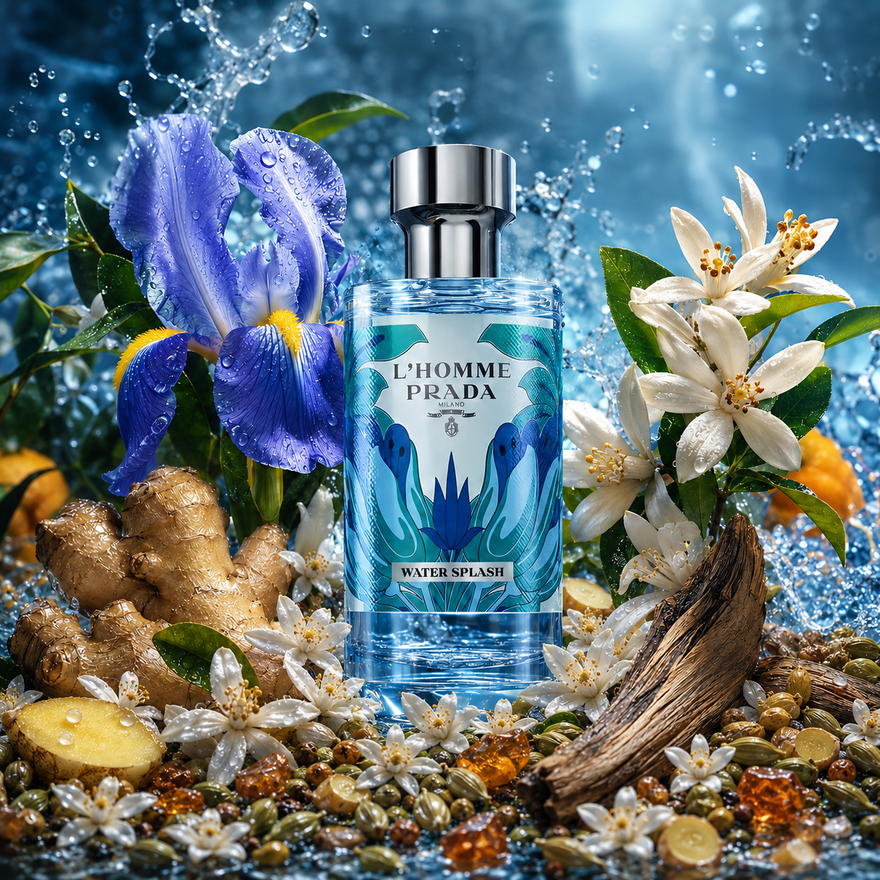 Universo olfativo de Prada L’Homme Water Splash con iris, neroli, hoja de mandarina, cardamomo, jengibre, sándalo, ámbar y cedro.