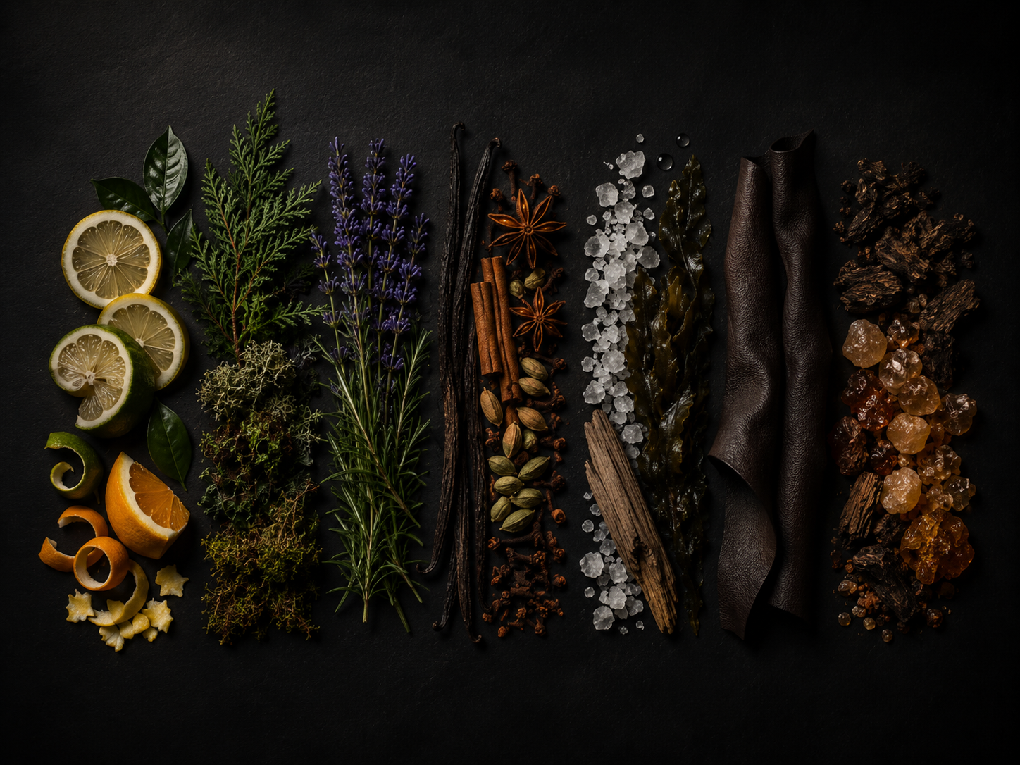 Composición aromática de Rito Olfativo con vainilla, canela, anís estrellado y especias oscuras, representando el universo de las familias olfativas.