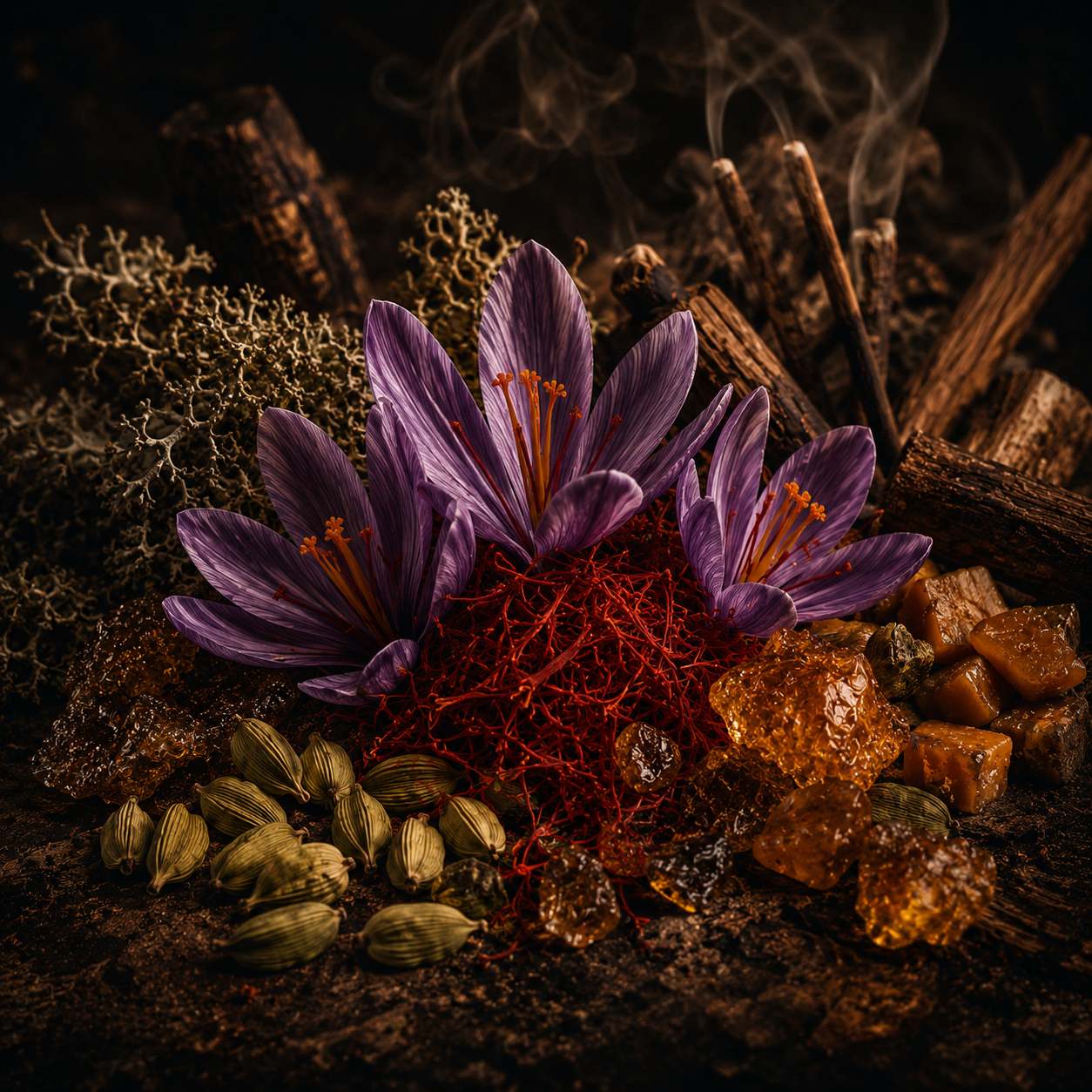 Notas olfativas de Saffron Elixir de French Avenue con azafrán, cardamomo, ámbar, caramelo, incienso, musgo de roble y sándalo