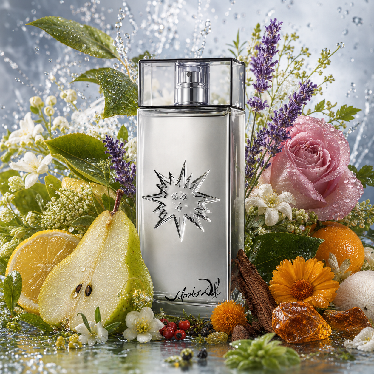 Universo olfativo de Silver Sun de Salvador Dalí con pera, lima, hojas verdes, notas acuáticas, lavanda, rosa, cedro, ámbar y almizcle.