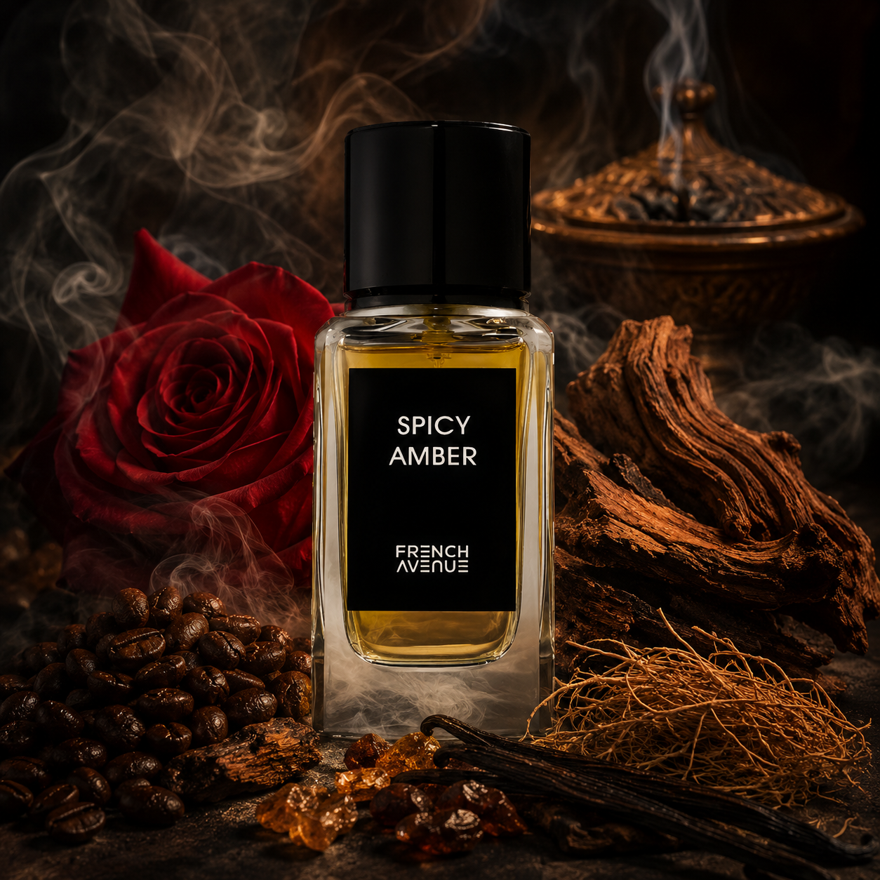 Spicy Amber de French Avenue con incienso, café, rosa, madera de cedro, madera de cachemira, vainilla, vetiver y almizcle en composición cinematográfica