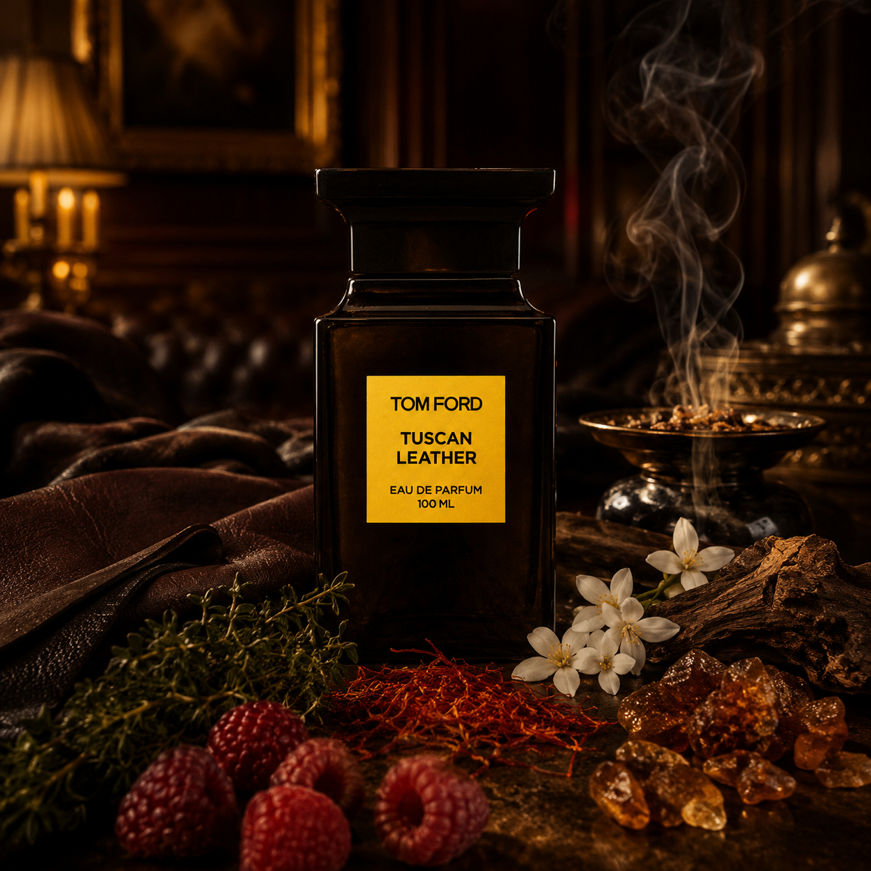 Universo del perfume Tom Ford Tuscan Leather con la botella al centro, rodeada de cuero oscuro, frambuesa, azafrán, tomillo, flores blancas, resinas, maderas e incienso en una escena cálida, oscura y elegante al estilo Rito Olfativo.