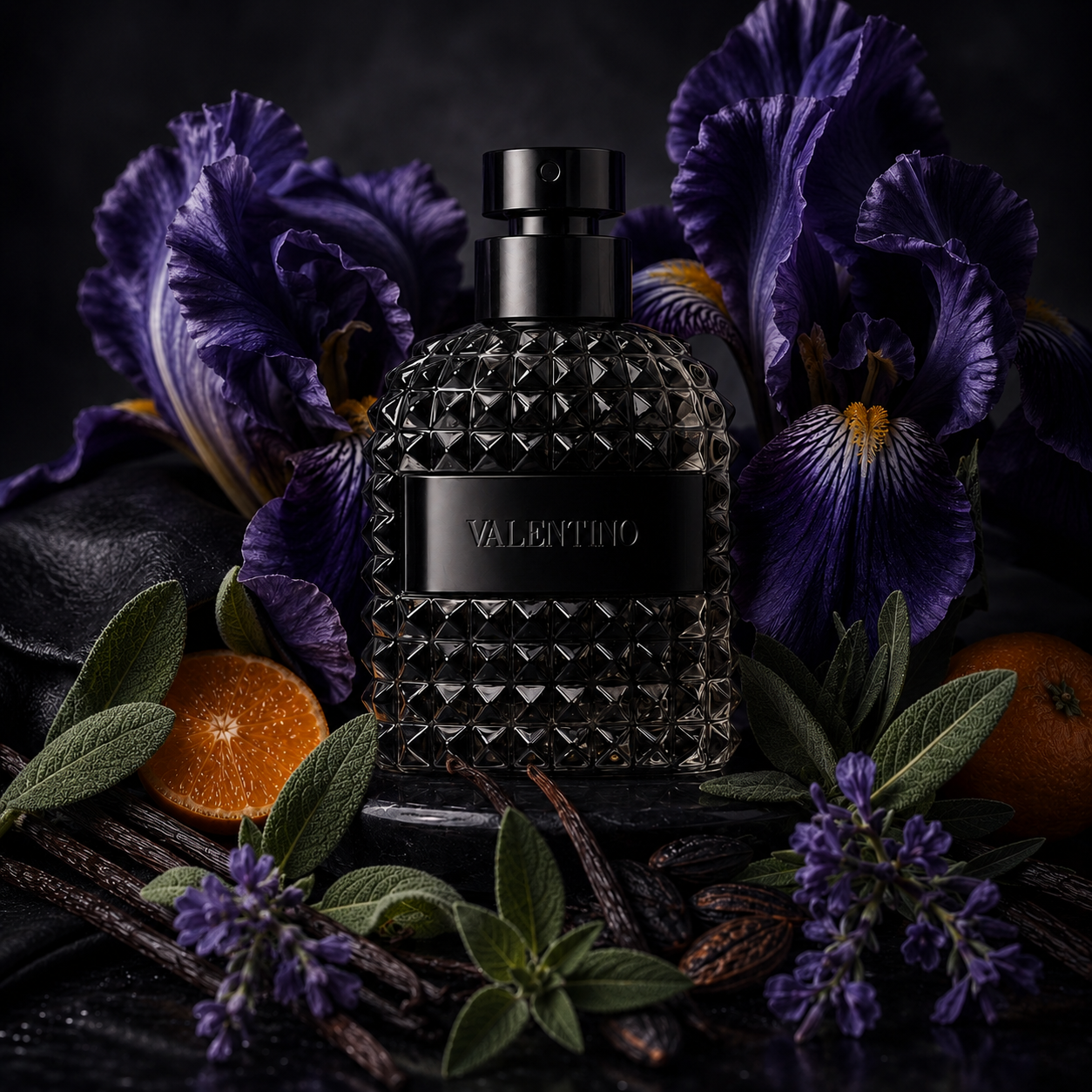 Universo olfativo de Valentino Uomo Intense EDP 2016 con iris, cuero negro, vainilla, haba tonka, mandarina y salvia esclarea.