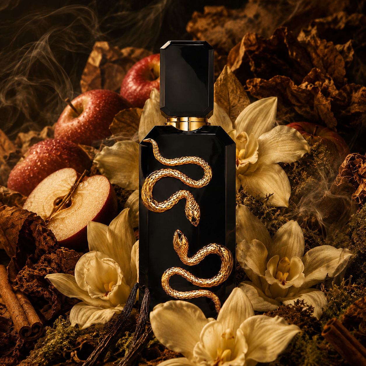 Veneno de French Avenue con manzana, humo, canela, tabaco, musgo, vainilla Bourbon y Orcanox en composición cinematográfica