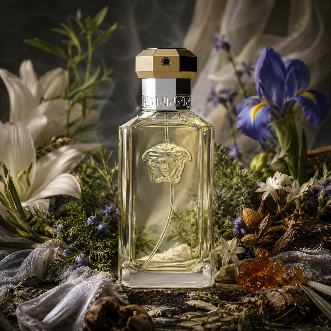 Universo olfativo de Versace The Dreamer con hierbas aromáticas, iris, lino, lirio, flor de tabaco y ámbar.