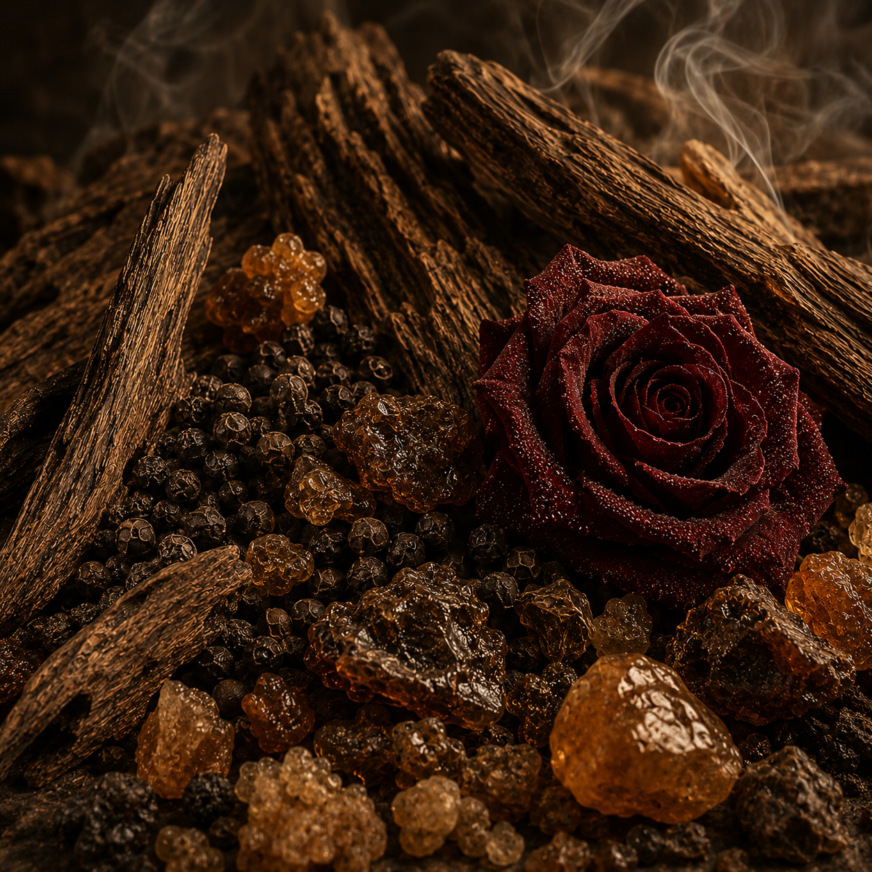 Notas olfativas de Xerjoff Zafar con oud, rosa oscura, pimienta negra, neroli, flores blancas, incienso, cedro, vetiver y almizcle en una composición oscura y cinematográfica.